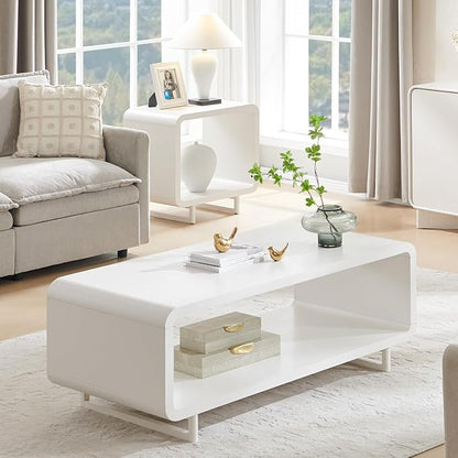 48" Modern Coffee Table, 2-Tier Minimalist Center Table with Storage Shelf, Curved Profile Design, Wooden Rectangular Living Room Table w/Wood Thick Design for Living Room, Office, White