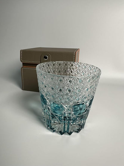 Hand Cut Whiskey Glass Japanese Style Edo Kiriko Inspired Sea Aquamarine Fluorite Tumbler 10oz Lead Free Blown Glass, Blue Design