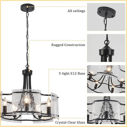 Modern Black Chandelier 5-Light Textured Glass Chandeliers for Dining Room 18.9''Drum Crystal Light Fixture Over Table Farmhouse Round Pendant Light for Kitchen Island Bedroom Living room Foyer，E12