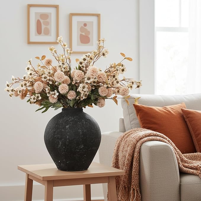 Beige Silk Flower Arrangements For Home Decor, Large Floral Centerpieces For Tables, Fake Mums + Eucalyptus + Wild Flowers in Bulk, Long Stem Artificial Flowers, Faux Mums Flowers