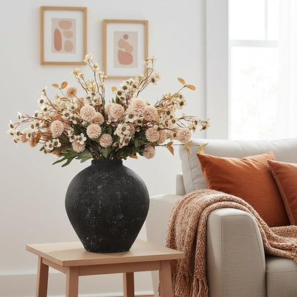 Beige Silk Flower Arrangements For Home Decor, Large Floral Centerpieces For Tables, Fake Mums + Eucalyptus + Wild Flowers in Bulk, Long Stem Artificial Flowers, Faux Mums Flowers