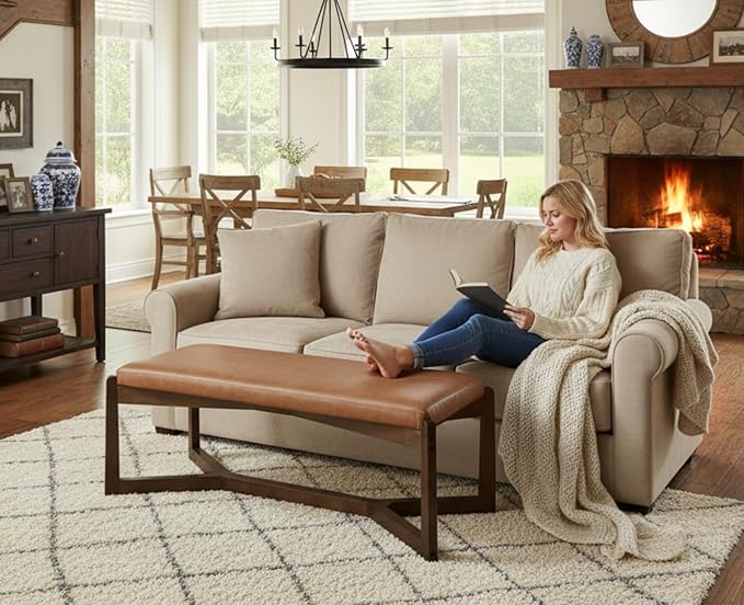 CIMOTA 49 Inch Modern Entryway Bench, Upholstered Bedroom Bench with Solid Wood Frame, Y-Shaped Foot, Comfy Ottoman for Bedroom End of Bed/Hallway/Living Room/Indoor, PU Brown