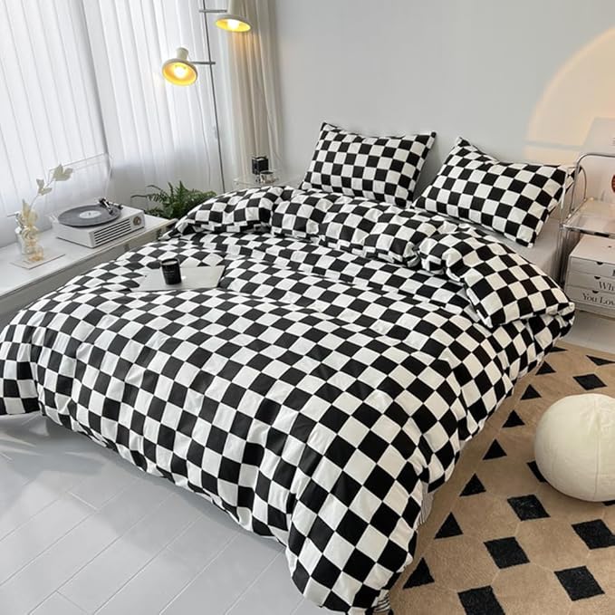 CLOTHKNOW Black White Plaid Queen Comforter Set 3Pcs Grid Bedding Comforter Sets Soft Checker Geometric Queen Comforter with 2 x Pillow Cases