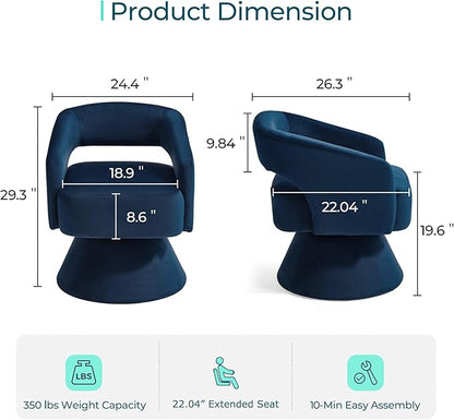 LINSY Swivel Barrel Chair, 360 Modern Swivel Accent Chair Boucle Swivel Chair Round Blue Velvet Chairs with Arms, Small Barrel Chair for Small Spaces Bedroom Living Room