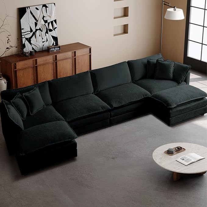 SoarFlash Chenille Sectional Sofa, Comfy L/U Shaped Modular Coush Sofa with Ottoman, Modern 4 Seat Couch Deep Seat Sofa Set for Living Room,Black