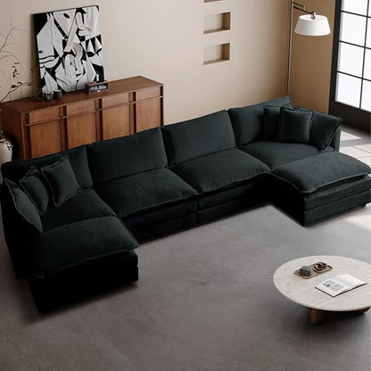 SoarFlash Chenille Sectional Sofa, Comfy L/U Shaped Modular Coush Sofa with Ottoman, Modern 4 Seat Couch Deep Seat Sofa Set for Living Room,Black
