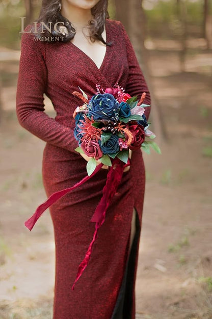 Ling's moment Artificial Flowers Burgundy and Navy Bridesmaid Bouquet, Wedding Flowers Bouquets for Bridesmaids, 7 Inch Bridal Bouquets for Bridesmaids, Wedding Decor, Anniversary, etc