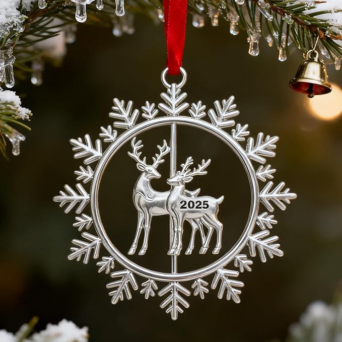 Christmas Ornaments 2025 for Tree Decoration Metal Snowflake Ornament 2025 Dated Xmas Wreath with Rotatable Reindeer Shiny Silver Holiday Decorative Keepsake Gifts for Family Friends