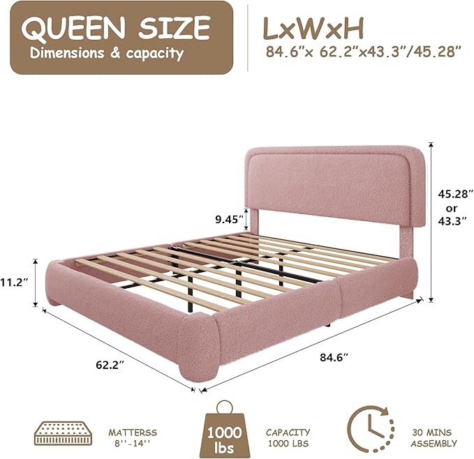 Queen Size Boucle Bed Frame, Cloud Upholstered Platform Bed with Height Adjustable Headboard & Soft Rounded Corners, No Box Spring Needed, Noise Free, Easy Assembly, Pink