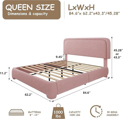 Queen Size Boucle Bed Frame, Cloud Upholstered Platform Bed with Height Adjustable Headboard & Soft Rounded Corners, No Box Spring Needed, Noise Free, Easy Assembly, Pink