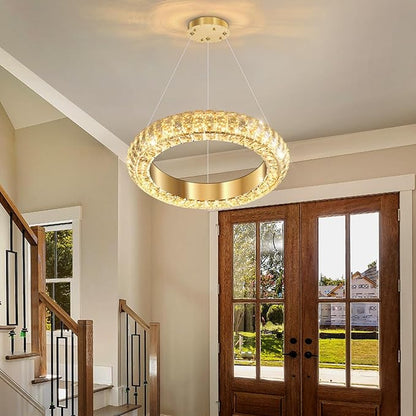 16" Ring Modern LED Dimmable Crystal Chandelier Adjustable Height Pendant Light Round Crystal Chandelier Light Fixtures for Dining Room Living Room Kitchen Island Gold