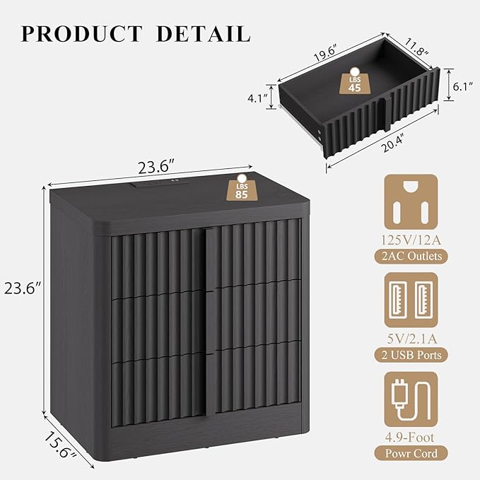 Fluted Nightstand Set of 2 with Charging Station, 23.6" Wood Bedside Table with Solid Wood Handle, Mid Century Moden End Table, 3 Drawer Dresser for Bedroom, Living Room, Black