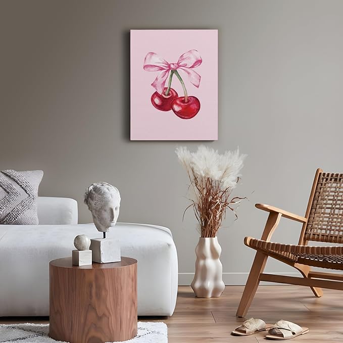 APJYM Coquette Pink Bow Cherry Preppy Wall Art, Room Decor Aesthetic, Posters for Teen Girls Bedroom, 11x14 Inches Framed