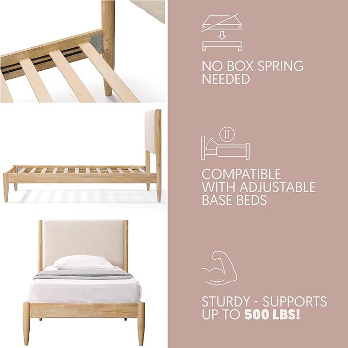 DG Casa Solid Wood Boucle Mid-Century Modern Twin Size Wooden Platform Bed Frame - Upholstered in Taupe Boucle - Natural Finish