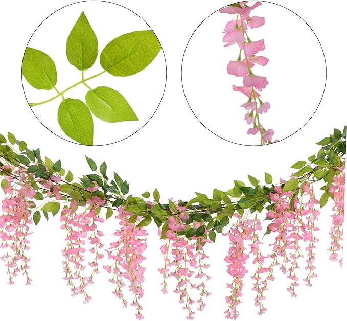 Lvydec Wisteria Artificial Garland, 4 Pcs Total 28.8ft Artificial Wisteria Vine Silk Hanging Flower for Home Garden Outdoor Ceremony Wedding Arch Floral Decor (Pink)