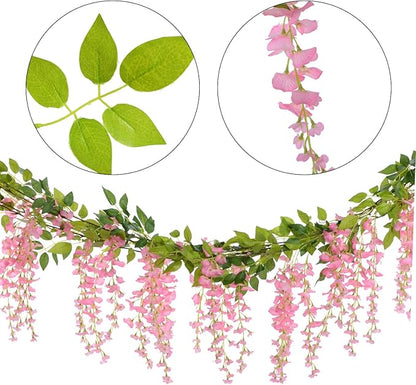 Lvydec Wisteria Artificial Garland, 4 Pcs Total 28.8ft Artificial Wisteria Vine Silk Hanging Flower for Home Garden Outdoor Ceremony Wedding Arch Floral Decor (Pink)