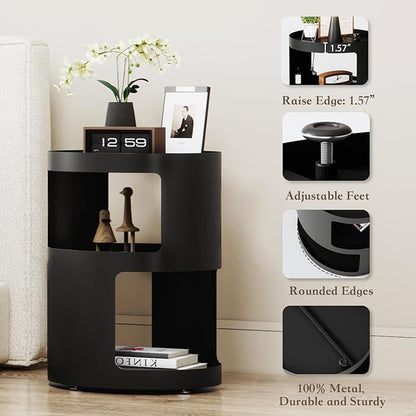 XIV Side Table, Round End Table, Modern Nightstand, Metal Accent Table, Small Bed Side Table for Living Room Bedroom, Bedside Table, Night Stand, No Assembly Required (Black, Round)