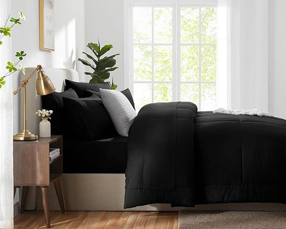 CozyLux Queen Comforter Set Black, 7 Pieces Bed in a Bag, Black Comforter Queen Size, All Season Bedding Sets with Stitch Quilted Comforter, Flat Sheet, Fitted Sheet, Pillowcases