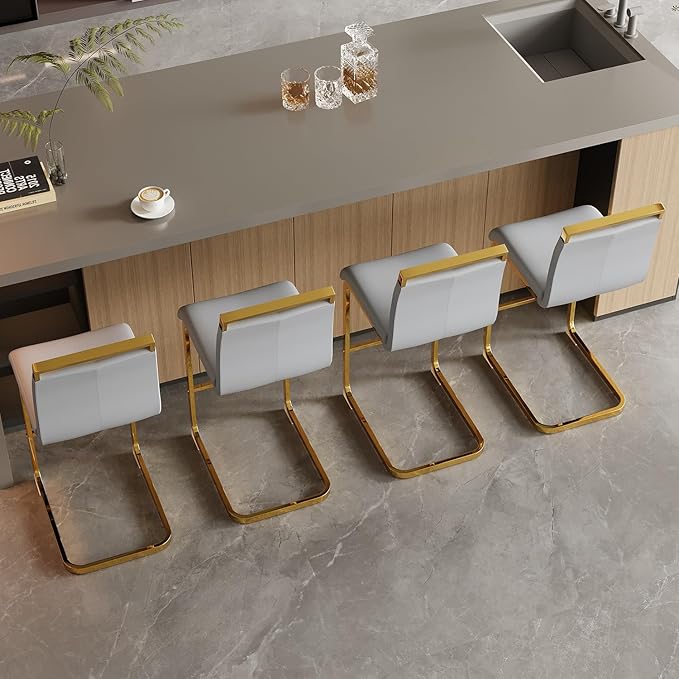 Counter Height Bar Stools Set of 4,Bar Stools with Back,25" Light Grey Island Chairs with Gold Chrome Plated Metal Leg,Faux Leather Barstools for Pub Kitchen Counter Dining Chair
