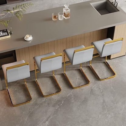 Counter Height Bar Stools Set of 4,Bar Stools with Back,25" Light Grey Island Chairs with Gold Chrome Plated Metal Leg,Faux Leather Barstools for Pub Kitchen Counter Dining Chair