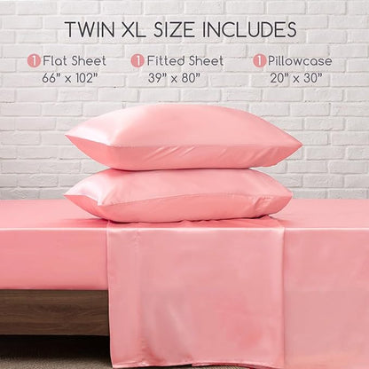 MR&HM Satin Bed Sheets, Twin XL Size Sheets Set, 3 Pcs Silky Bedding Set with 15 Inches Deep Pocket for Mattress (Twin XL, Blush)