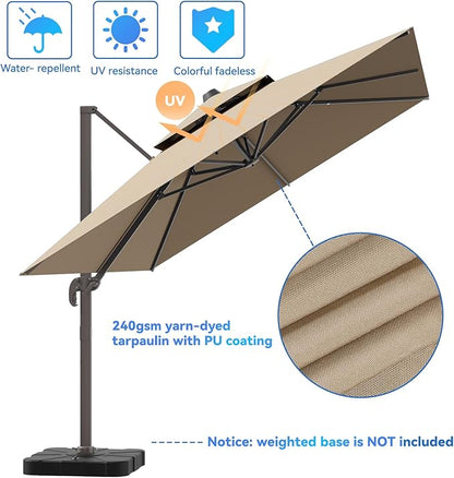 10x13FT Cantilever Outdoor Patio Umbrellas, Double Top Large Rectangle Umbrella, Heavy Duty 360° Rotation Offset Outdoor Sun Shade Umbrella for Garden Deck Pool Backyard Patio, Beige Brown