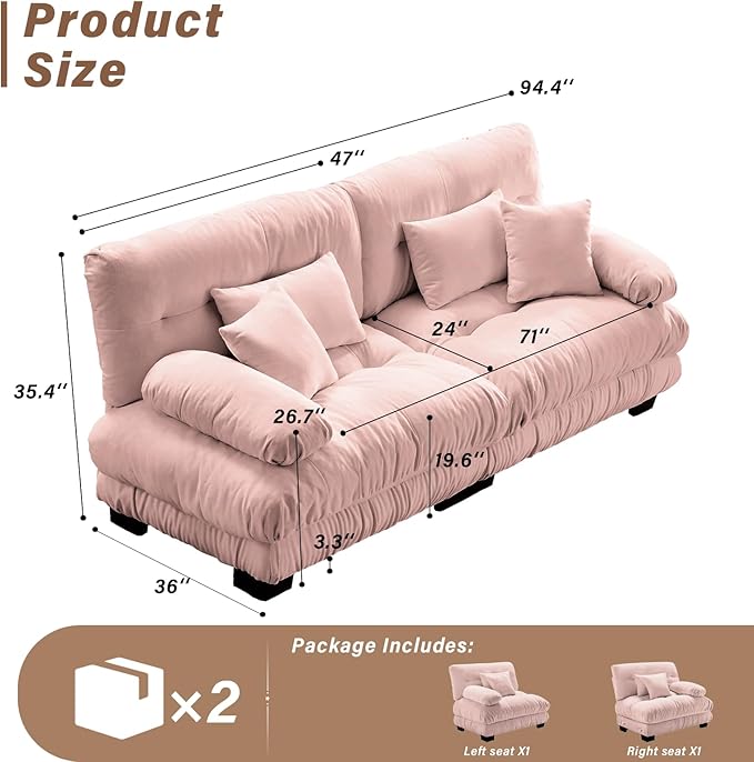 SoarFlash Modern Living Room Velvet Recliner Sofa, Loveseat Sofa for Apartment, Solid Wood Frame, Easy to Install (94.4 inch,Pink)