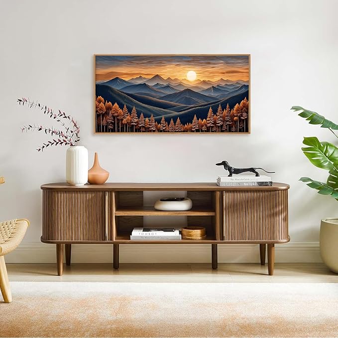 HOURIA Large Woodland Mountain Sunset Framed Canvas Wall Art Set,Wilderness Wooden Forest Landscape Wall Decor,Nature Botanical Artwork,Boho Pine Tree Art Print for Living Room,Bedroom- 40"x20"x1