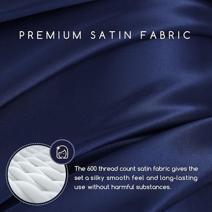 MR&HM Satin Bed Sheets, Queen Size Sheets Set, 4 Pcs Silky Bedding Set with 15 Inches Deep Pocket for Mattress (Queen, Navy Blue)