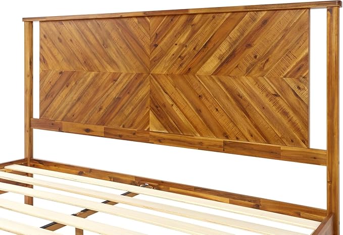 Bme Vivian 14 Inch Deluxe Bed Frame with Headboard, Rustic & Scandinavian Style with Solid Acacia Wood, No Box Spring Needed, 12 Strong Wood Slat Support, Easy Assembly, King, Rustic Golden Brown