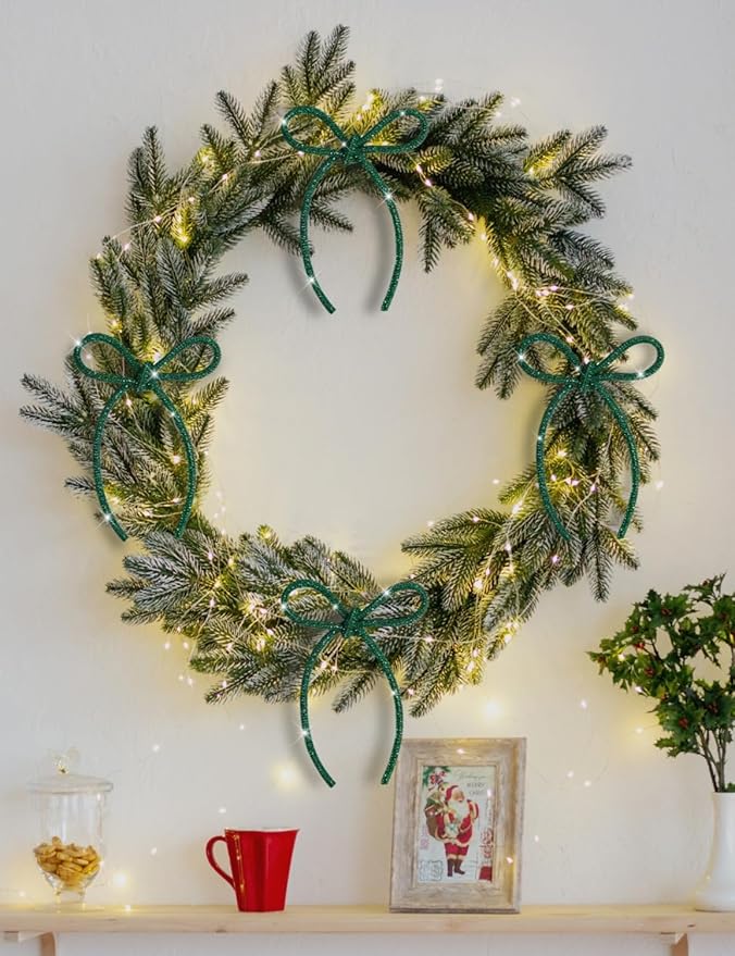 FLAIR GIFTS 6 Pcs 4.3" x 6" 2025 Christmas Bows for Tree Decor, Green Sparkly Glitter Rhinestone Bow Ornaments with Twist Tie for Xmas Decoration, Wreath, Garland, Gift Wrapping