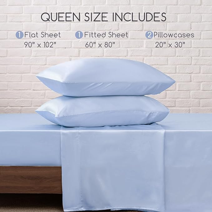MR&HM Satin Bed Sheets, Queen Size Sheets Set, 4 Pcs Silky Bedding Set with 15 Inches Deep Pocket for Mattress (Queen, Light Blue)