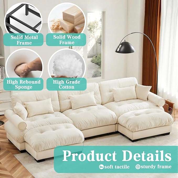 SoarFlash Sectional Sofa Couch, U Shaped Modern Sofa with Solid Wood Legs, Couches Sofas for Living Room Apartment, Comfortable Small Couches for Apartment, Beige