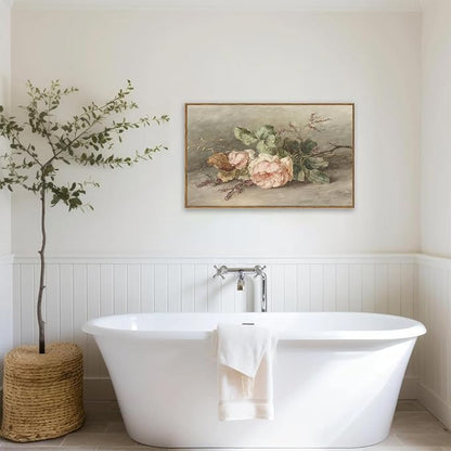 KBKBART Vintage Wall Decor Prints, Retro Still Life Flower Canvas Wall Art, Framed Classical Pink Botanical Print, Vintage Art Painting Flower Wall Decor for Bedroom Living Room Bathroom Gallery(16"x24")