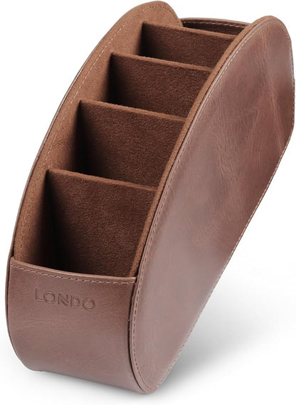 Londo Remote Control Holder with 5 Pockets - Store DVD, Blu-Ray, TV, Roku or Apple TV Remotes - Italian Genuine Leather with Suede Lining - Slim, Compact Living or Bedroom Storage
