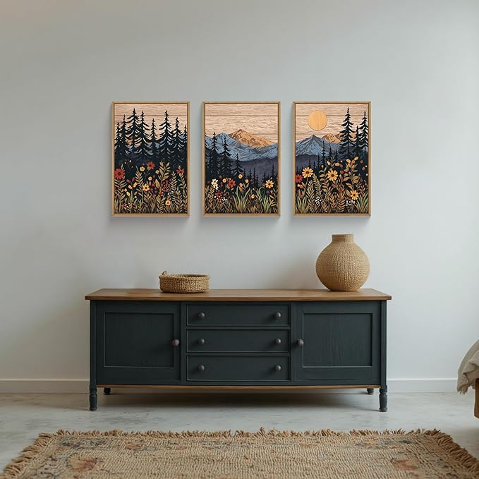 HOURIA Natural Mountain Floral Framed Canvas Wall Art,Modern Sunrise Forest Wall Decor,Boho Wildflower Woodland Landscape Artwork,Wilderness Pine Tree Field Art Print for Living Room,Office-24 x36 x3