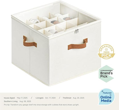 StorageWorks Shoe Organizer for Closet, Fits up to 16 Pairs, Shoe Cubby Storage Containers with Adjustable Dividers and Clear Cover, Beige