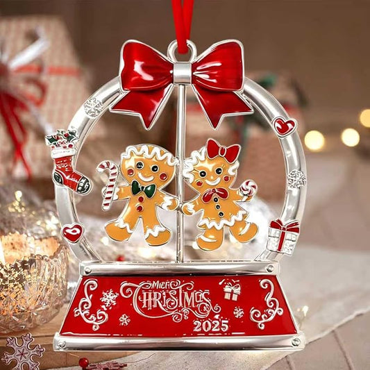 Christmas Gingerbread Couple Ornaments 2025 for Tree Decorations,Dated 2025 Metal Wreath Ornament with Rotatable for Christmas Keepsake Gifts for Grandparents, Kids, Friend