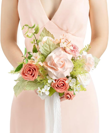 Ling's moment Artificial Flowers Pink Bridesmaid Bouquet, Blush Garden Wedding Flowers Bouquets for Bridesmaids, 7 Inch Bridal Bouquets for Bridesmaids, Wedding, etc