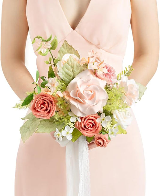 Ling's moment Artificial Flowers Pink Bridesmaid Bouquet, Blush Garden Wedding Flowers Bouquets for Bridesmaids, 7 Inch Bridal Bouquets for Bridesmaids, Wedding, etc
