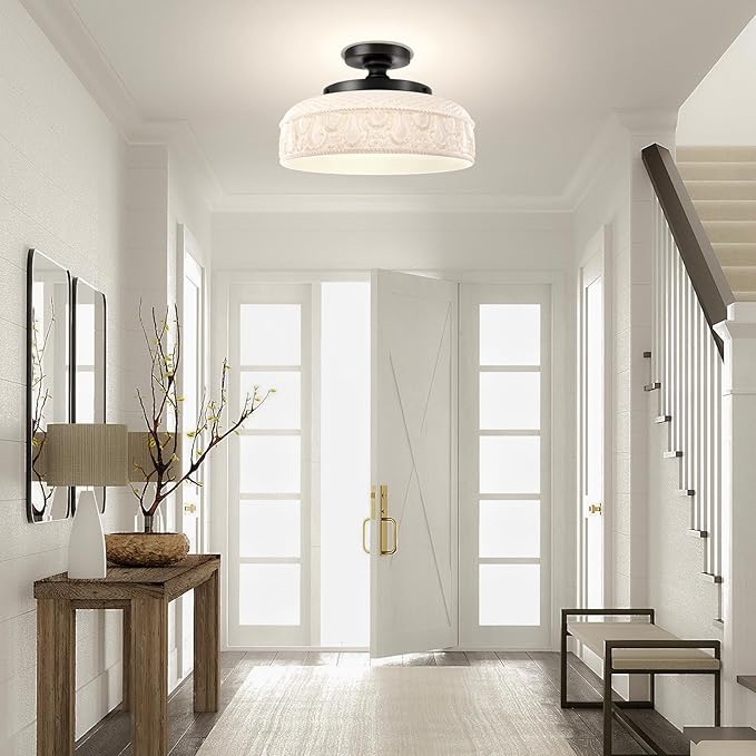 Lamomo Semi Flush Mount Ceiling Light,White Glass Shade Black Hallway Light Fixture,3-Bulb Globe Glass Close to Ceiling Scone,Indoor Hanging Light for Bedroom Kitchen Porch Hallway,Bulbs Not Included
