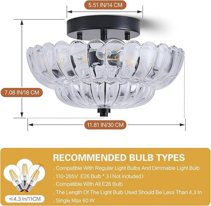 Mid Century Modern Black Semi Flush Mount Ceiling Light Fixture,3 Lights Flower Glass Close to Ceiling Lighting Fixtures for Bedroom Hallway Kitchen Foyer Bathroom Closet Laundry Room 11.8 in