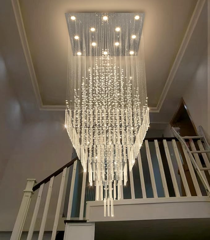 W32 x H120 Glam Chandelier with LED Bulbs Square Chandeliers, Crystal Raindrop High Ceiling Pendant Light for Entrance Large Villa Chandelier Foyer Lighting Fixtures Silver