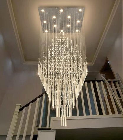 W32 x H120 Glam Chandelier with LED Bulbs Square Chandeliers, Crystal Raindrop High Ceiling Pendant Light for Entrance Large Villa Chandelier Foyer Lighting Fixtures Silver