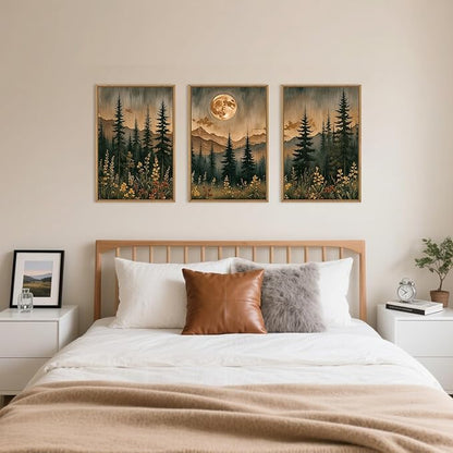 HOURIA Nature Forest Mountain Framed Canvas Wall Art Set,Moonlight Pine Tree Flower Wall Decor,Wilderness Field Wall Painting,Vintage Botanical Art Prints for Living Room,Bedroom,Farmhouse-16 x24 x3
