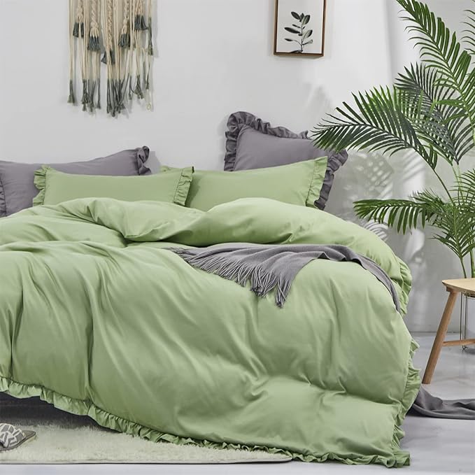 CLOTHKNOW Green Ruffles Queen Comforter Set 3Pcs Farmhouse Bedding Comforter Sets Soft Sage Green Comforter with 2 x Pillow Cases