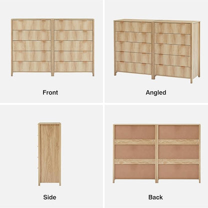 5 Drawer Double Dresser for Bedroom, Modern Wide Chest of Drawers with Fluted Panel Design,Wood Storage Dressers Chest of Drawers for Bedroom Living Room Hallway Closet,Natural,2 Sets