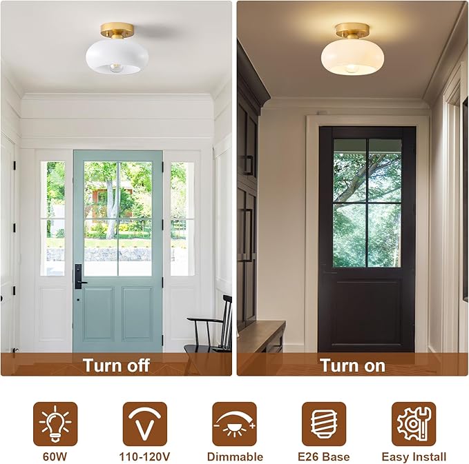 Mid-Century Modern Gold Semi Flush Mount Ceiling Light, Kitchen Ceiling Light Fixture with Glass Shade, Mini White Close to Ceiling Lamp for Entryway Hallway Bathroom (8.66 Inch)