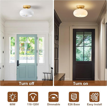 Mid-Century Modern Gold Semi Flush Mount Ceiling Light, Kitchen Ceiling Light Fixture with Glass Shade, Mini White Close to Ceiling Lamp for Entryway Hallway Bathroom (8.66 Inch)