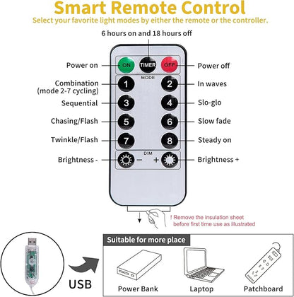 Curtain Lights, 300 LED Dimmable Fairy Lights with Remote and Timer, 8 Modes, USB Powered String Lights for Room Wall Party Xmas Indoor Decor, Warm White, 2 Pack
